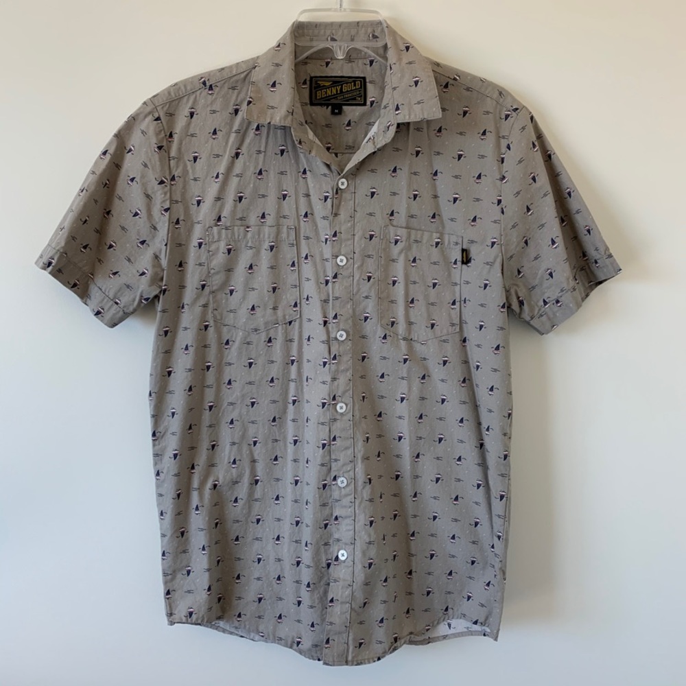 Benny Gold Gray Grey Sailboats Short Sleeve Button-up Shirt Top